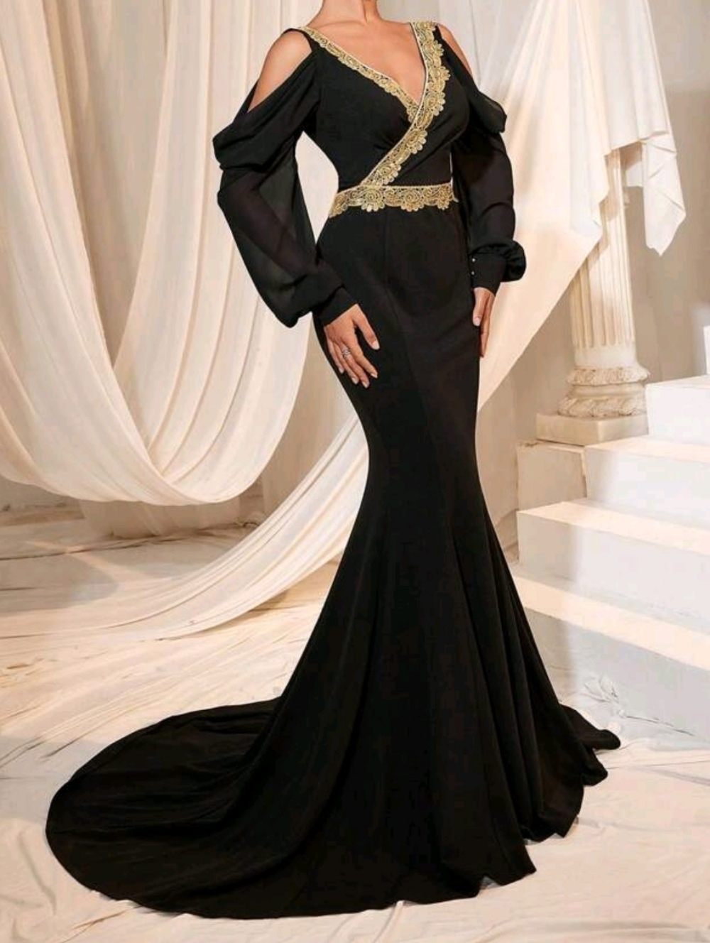 Black Cold-Shoulder Evening Gown with Gold Appliqué